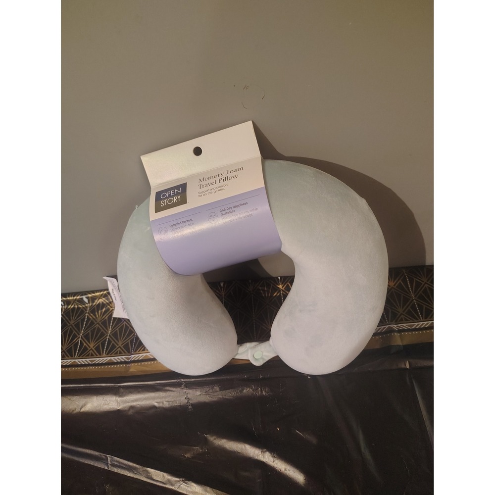 Open Story Memory Foam Travel Neck Pillow Light Blue Mint Snap Closure NWT